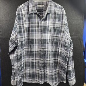 Tommy Bahama Plaid Camp Shirt Gray Black Long Sleeve Button Front Men’s XL